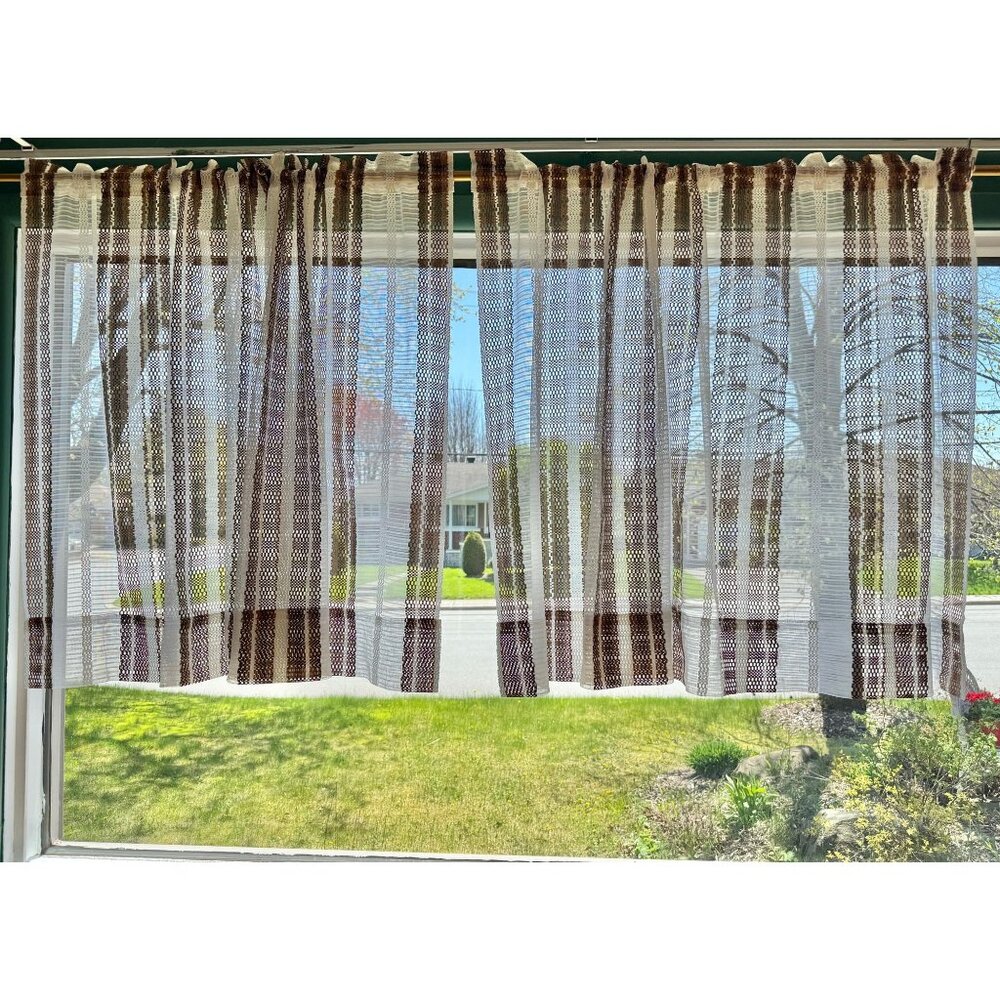 Vintage 70s mesh curtain, white, brown stripes, rod heading, price for the pair
